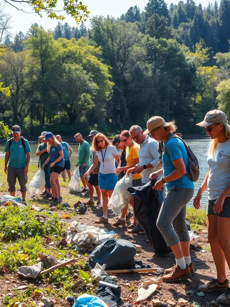 A photograph depicting volunteers cleaning up trash along the banks of the Vézère River, emphasizing community involvement in pollution control.
