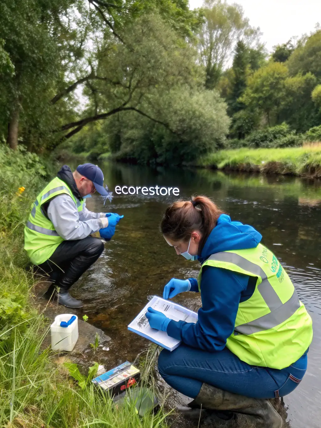 A picture of AAPPMA members conducting water quality testing in the Vézère River, highlighting the organization's dedication to monitoring and improving water health.