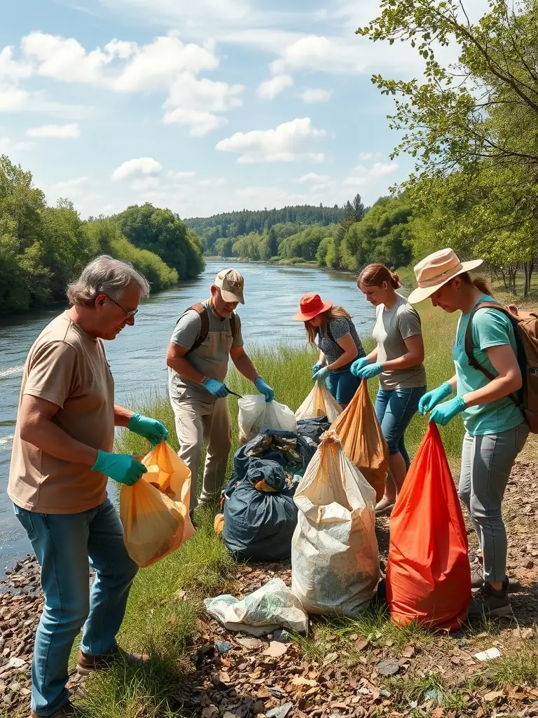 An image showcasing a river cleanup event organized by AAPPMA, with volunteers removing debris and pollutants from the riverbanks.