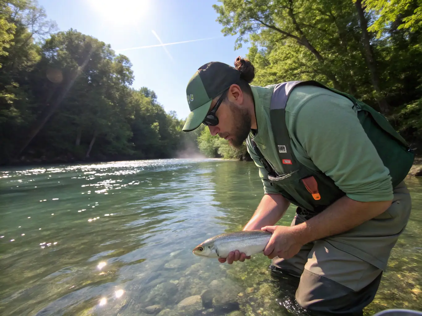 A group of volunteers releasing juvenile fish into a river, illustrating the organization's river restocking program.