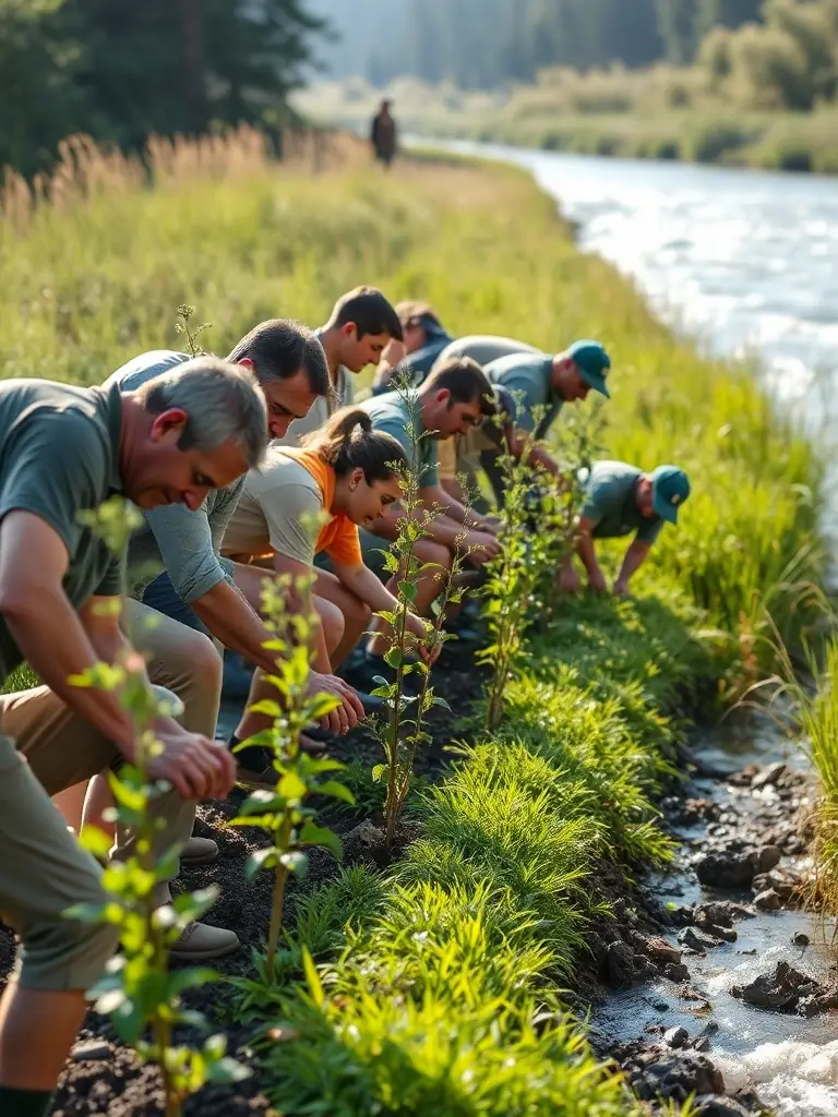 A serene image of volunteers planting vegetation along the riverbank to restore the natural habitat, showcasing AAPPMA's commitment to river conservation.