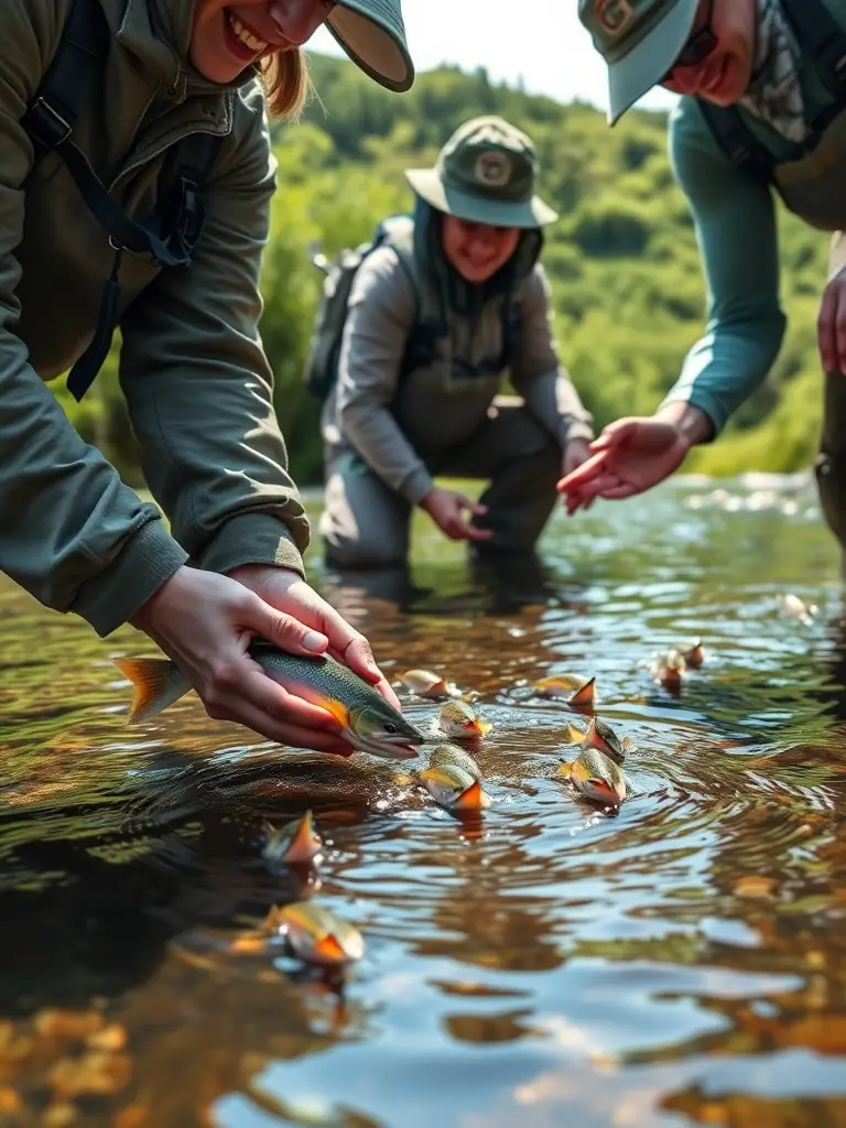 A close-up shot of a scientist carefully releasing a tagged fish back into the river, representing AAPPMA's efforts in species monitoring and regulation.