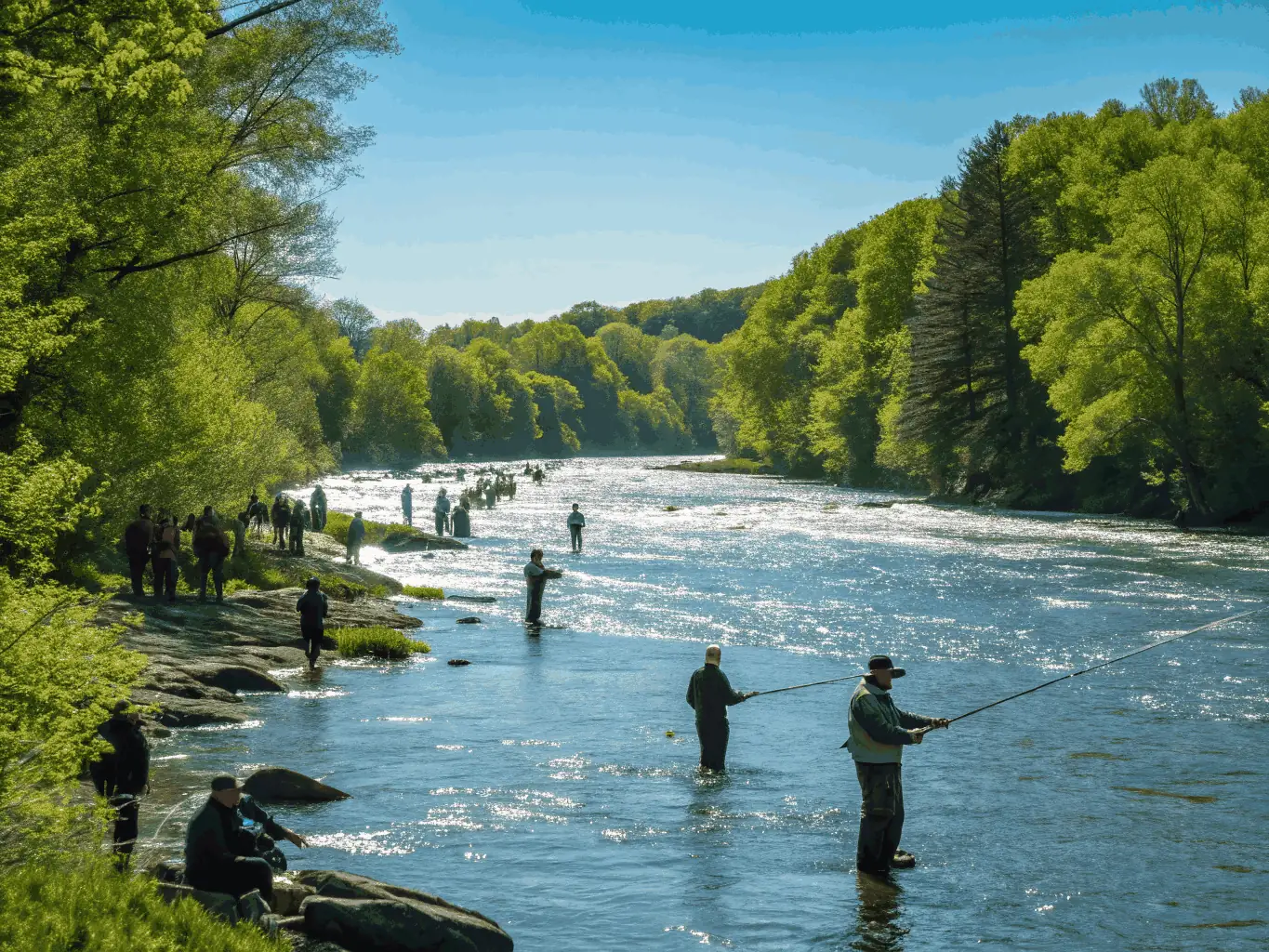 A serene river scene with anglers fishing responsibly, showcasing sustainable fisheries management practices.