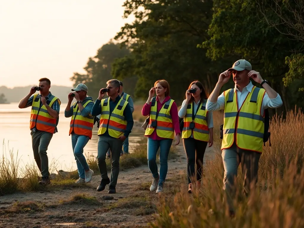 A vigilant patrol team monitoring a riverbank at dawn, symbolizing the organization's commitment to preventing illegal fishing.