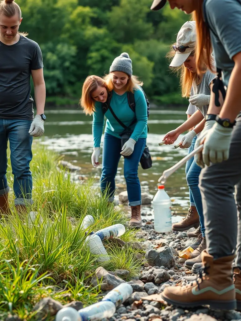 A group of volunteers participating in a river cleanup, removing trash and debris from the riverbank, showcasing community involvement in environmental conservation.