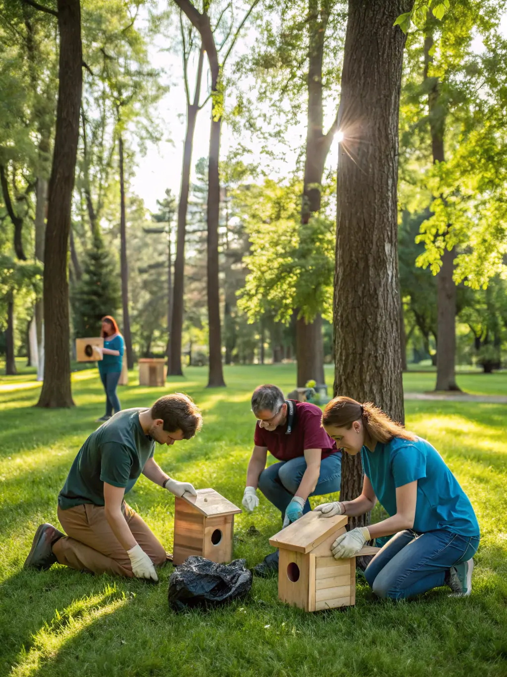 A photo of volunteers constructing a fish habitat structure in the river, demonstrating hands-on efforts to improve aquatic environments.
