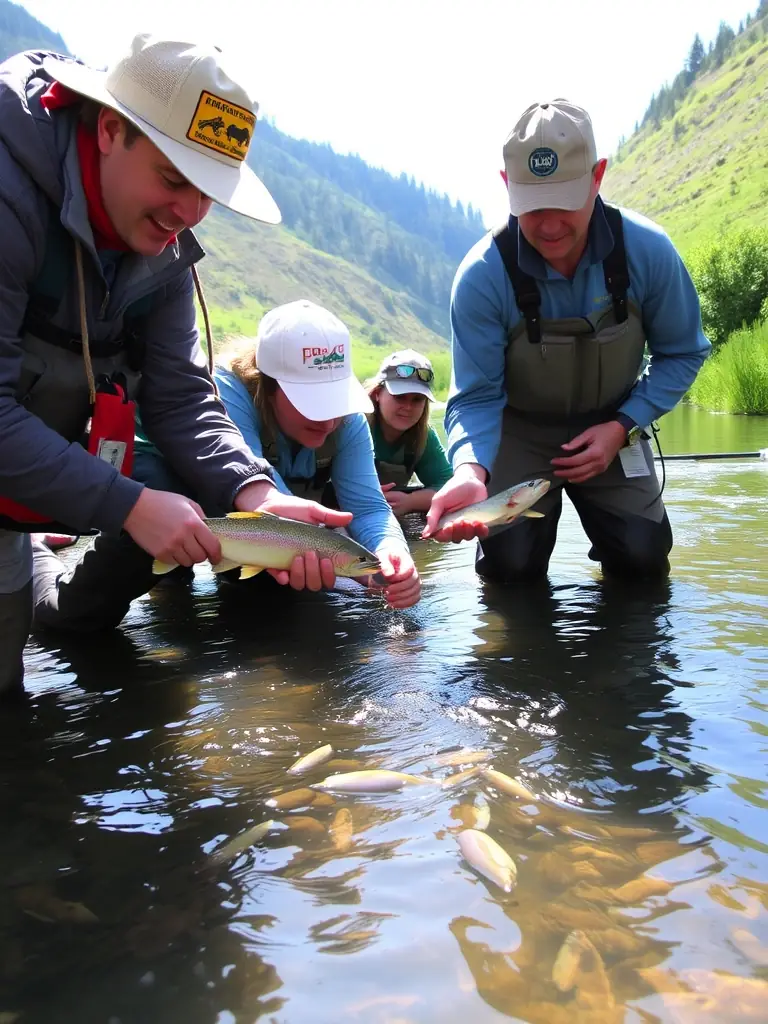 A photograph capturing a group of volunteers releasing juvenile fish into the Vézère River, symbolizing the organization's commitment to repopulating local waterways.